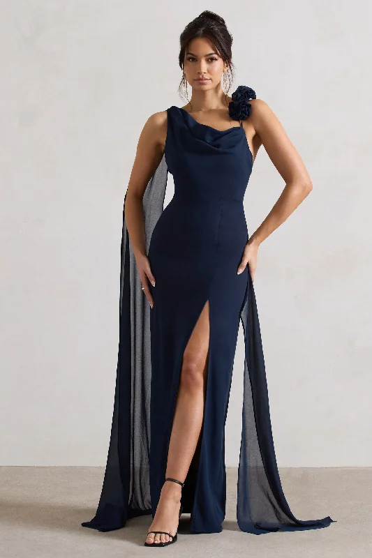 Angeline | Navy Chiffon Draped Split Maxi Dress With Corsages