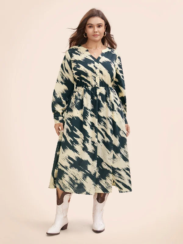 Brush Print Notched Collar Midi Dress