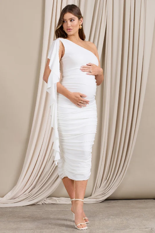 Streamer | White Asymmetric Ruffled Maternity Midi Dress