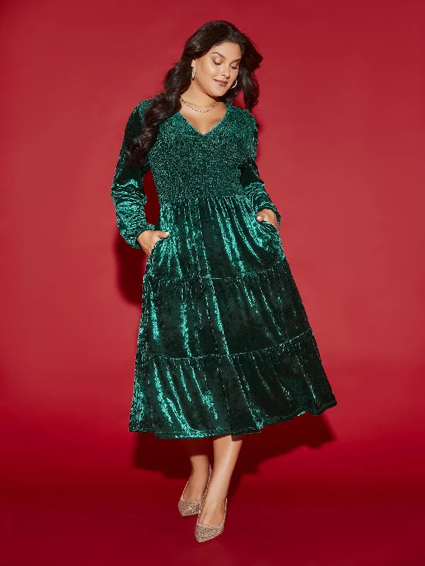 Velvet Smocked Bodice Tiered Hem Midi Dress