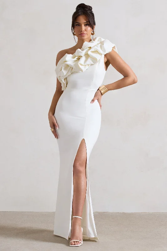 Vienne | White One Shoulder Ruffle Split Maxi Dress