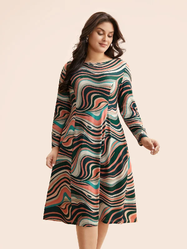 Water Ripple Boat Neck Midi Dress