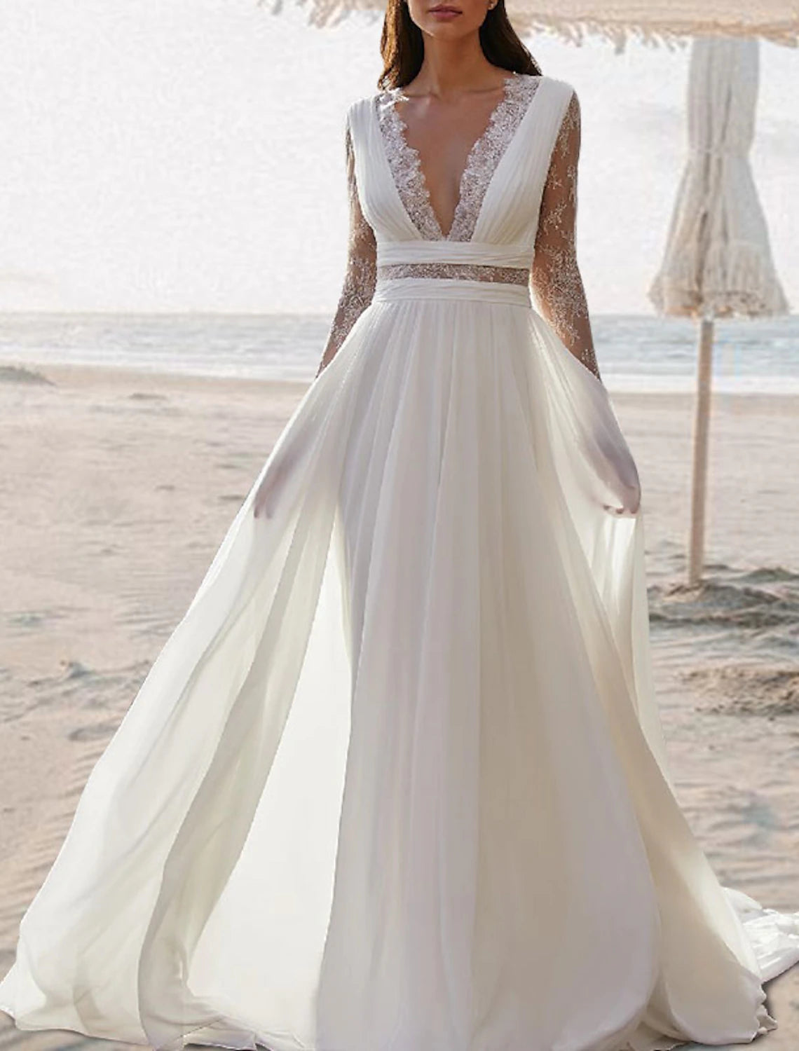 Beach Open Back V Neck Sleeveless Floor Length Chiffon Bridal Gowns With Pleats Wedding Dresses 