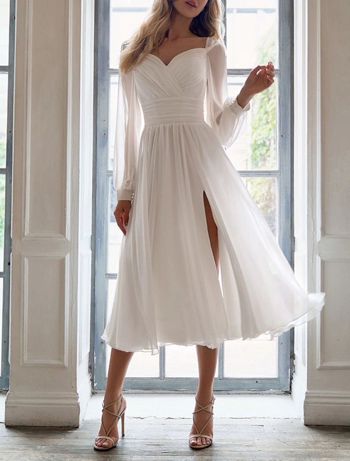 Bridal Shower Little White Dresses Fall Wedding Dresses A-Line Sweetheart Long Sleeve Tea Length Chiffon Bridal Gowns With Ruched Split Front